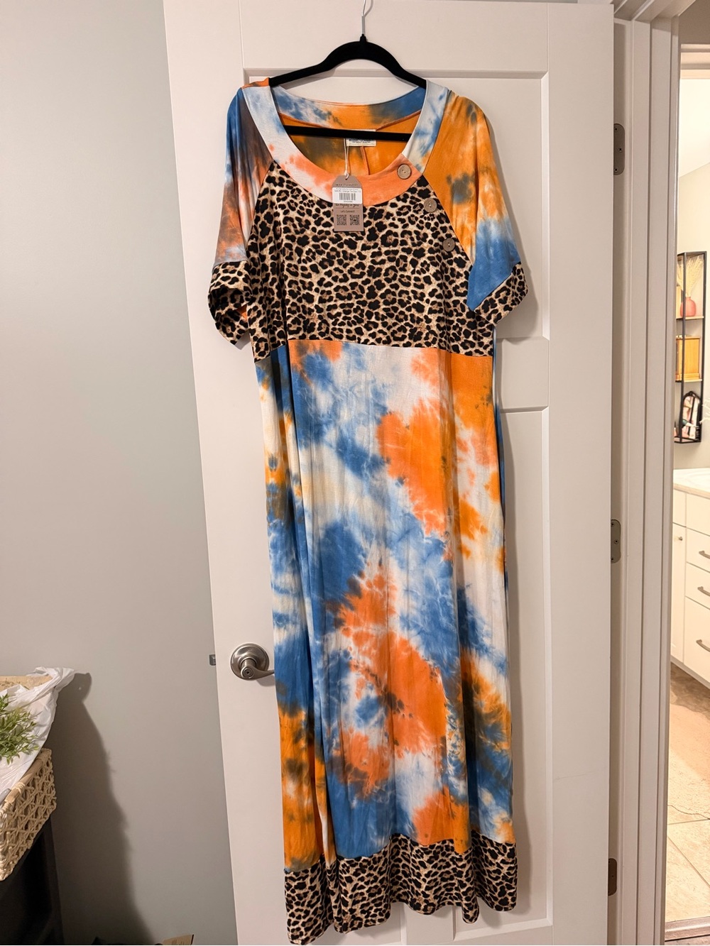 Celeste Tie-Dye Maxi Dress with Leopard Accents - Blue & Orange